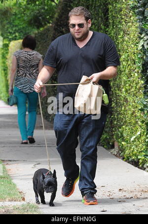 Jonah Hill promène son bouledogue français Carmela avec : Jonah Hill où : Los Angeles, California, United States Quand : 02 août 2014 Banque D'Images