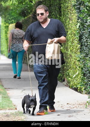 Jonah Hill promène son bouledogue français Carmela avec : Jonah Hill où : Los Angeles, California, United States Quand : 02 août 2014 Banque D'Images