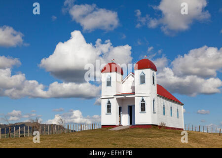 Ratana église sur une colline près de Raetihi, église blanche au toit rouge et deux tours jumelles qui représente l'Alpha et l'Oméga, Ratana est un Banque D'Images