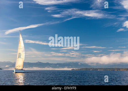 Bateau à voile sur le Lac de Starnberg, les Alpes en arrière-plan, Bavière, Allemagne Banque D'Images