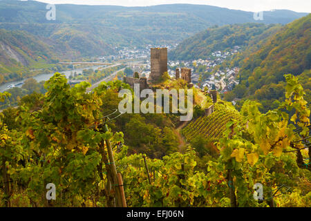 Vue sur la Niederburg Kobern-Gondorf et dans la vallée de la moselle, Rhénanie-Palatinat, Allemagne, Europe Banque D'Images