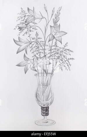 Dessin de fleurs dans un vase en verre - gris sur papier de la cartouche. Banque D'Images