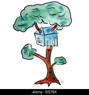 Maison de l'arbre à l'aquarelle personnage bleu, isolé sur fond blanc Banque D'Images