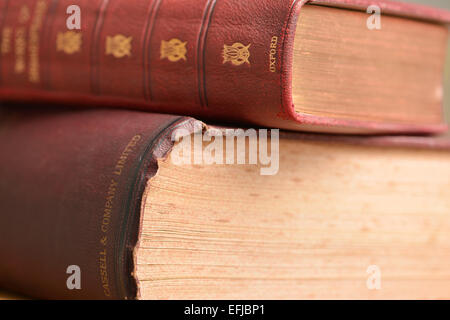 Vieux livres reliés en cuir posé à plat sur une table Banque D'Images