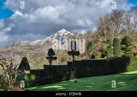 Le sommet enneigé de Cnicht à Snowdonia, au pays de Galles, vu des jardins topiaires formels de Plas Brondanw, conçus par Clough Williams-Ellis à partir de 1902 Banque D'Images