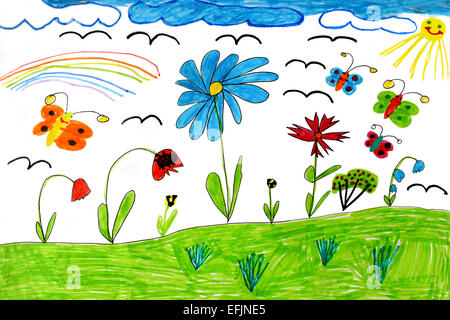 De dessins d'enfants multicolores avec papillons et fleurs arc-en-ciel Banque D'Images