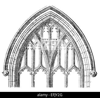 La gravure de l'époque victorienne d'une cathédrale gothique de passage de la fenêtre. Victorian gravure d'une image restaurée numériquement à partir d'un milieu du xixe siècle Banque D'Images