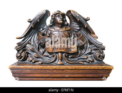 La sculpture sur bois St.Matthew d'un pew dans Stockton-on-Tees parish church North East England UK isolé sur fond blanc. Banque D'Images