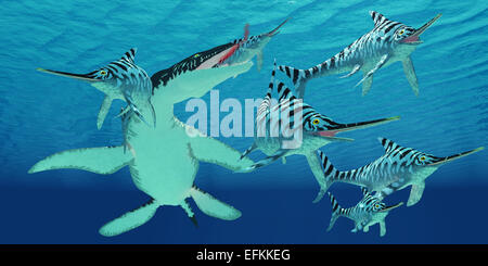 Une famille de reptiles marins Eurhinosaurus essayez d'échapper à l'ensemble des mers jurassiques en Liopleurodon. Banque D'Images