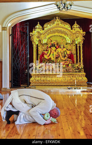 Un dévot Hare Krishna portant des robes blanches s'agenouille et s'incline la tête sur le sol devant l'autel, dans une chambre du temple. Banque D'Images