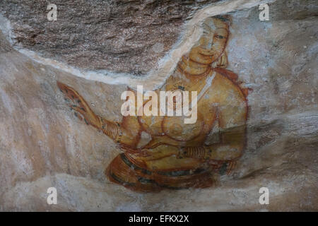 Fresques anciennes de maidens sur cave mur à la forteresse du Rocher de Sigiriya, Sigiriya, Sri Lanka Sigiriya, Sri Lanka,rock,unesco,cave,art, Banque D'Images