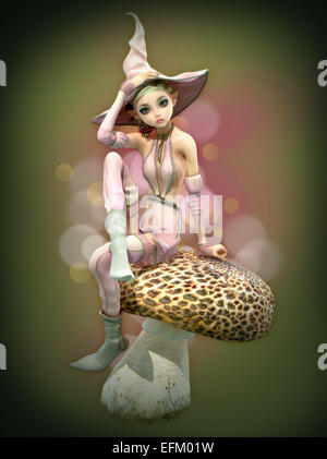 L'infographie 3d d'un elfe avec chapeau de sorcière assis sur un champignon Banque D'Images