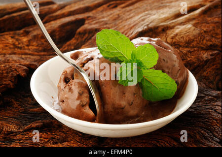 Crème glacée aux pépites de chocolat à la menthe dans un bol blanc Banque D'Images