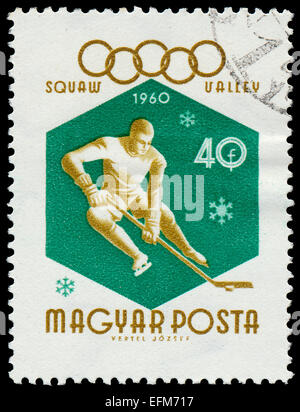 Hongrie - VERS 1960 : un timbre imprimé en Hongrie montre célébrant l'image des Jeux Olympiques d'hiver de 1960 à Squaw Valley, série, vers Banque D'Images