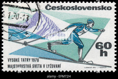 La Tchécoslovaquie - circa 1970 : un post de timbres en Tchécoslovaquie montre skieur, dédiée à la Coupe du monde en ski dans ta haute Banque D'Images