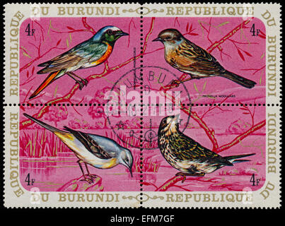 BURUNDI - VERS 1970 : une série de quatre timbres imprimé au Burundi, montre un nid d'oiseaux Paruline flamboyante, commune, Bergeronnette , Pip Meadow Banque D'Images