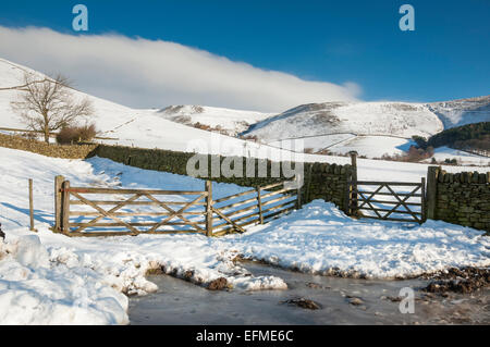 Portes et murs en pierre dans une scène rurale enneigée dans la vallée de Edale, Peak District, Derbyshire. Banque D'Images