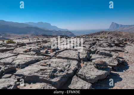 Vue d'une vallée à côté de la montagne Jebel Shams, Oman Banque D'Images