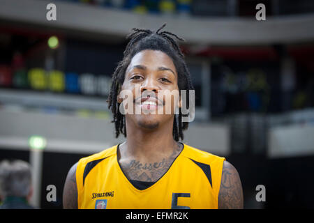 Londres, Royaume-Uni. Feb 6, 2015. L'Avant Lovell lors de la Cook London Lions contre Leeds vigueur BBL Championship match à l'Arena de cuivre dans le parc olympique. Banque D'Images