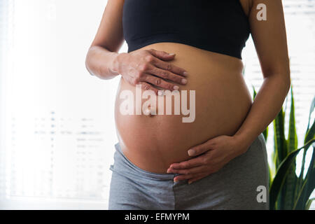 Baby bump, image de 8 mois pregnant woman holding her bump Banque D'Images