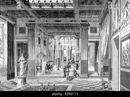 La gravure de l'époque victorienne de l'intérieur d'une ancienne villa romaine, Rome, Italie Banque D'Images