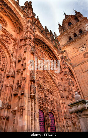 La tour de pierre façade porte Nouveau La cathédrale de Salamanque en Espagne. Les nouvelles et les anciennes cathédrales de Salamanque sont juste à côté de l'autre. N Banque D'Images