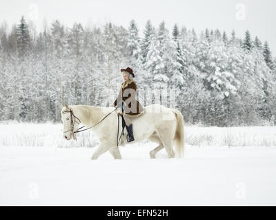 Jolie femme un cheval blanc, paysage d'hiver Banque D'Images