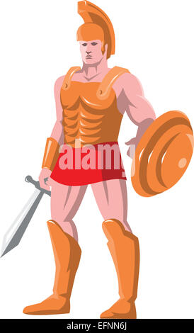 Vector illustration d'un centurion romain gladiateur guerrier debout face à face avec l'épée et le bouclier fait en style rétro. Banque D'Images