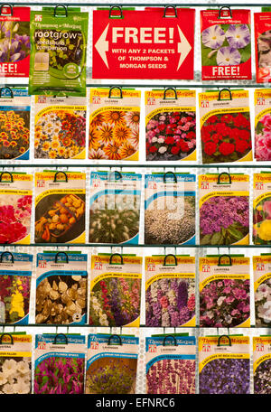 Paquets de Thompson et Morgan des graines de fleurs sur l'affichage à un centre de jardinage Banque D'Images