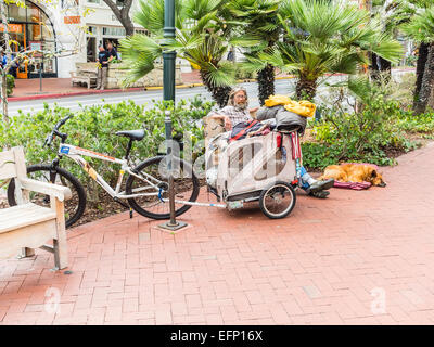 Un sans-abri repose sur un banc à l'extérieur, sur le trottoir de State Street à Santa Barbara, Californie avec son chien couché près de lui Banque D'Images