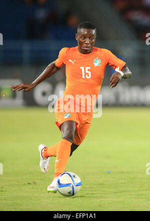 Bata, en Guinée équatoriale. Feb 8, 2015. Max Alain Gradel de Côte d'Ivoire est en concurrence pendant le dernier match de Coupe d'Afrique des nations entre le Ghana et la Côte d'Ivoire à Bata, en Guinée équatoriale, le 8 février 2015. Côte d'Ivoire a battu le Ghana par 9-8 après les prolongations et tirs au but et a réclamé le titre. Credit : Meng Chenguang/Xinhua/Alamy Live News Banque D'Images