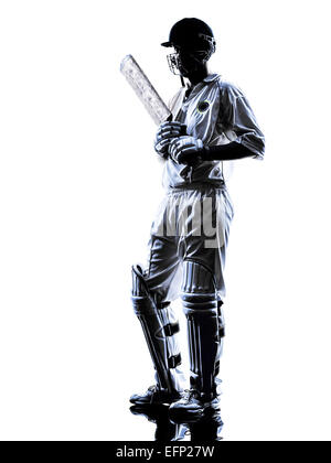 Joueur de cricket en silhouette batteur ombre sur fond blanc Banque D'Images