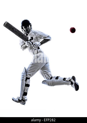 Joueur de cricket en silhouette batteur ombre sur fond blanc Banque D'Images