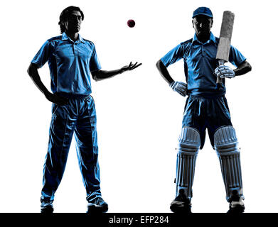 Deux joueurs de cricket en silhouette ombre sur fond blanc