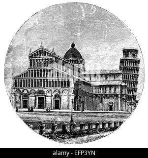 19ème siècle gravure de la tour de Pise et la cathédrale, Italie Banque D'Images