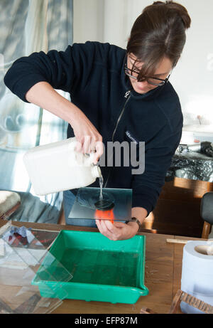 En versant de l'albumine sur une plaque de verre clair. à l'atelier de photographie au collodion humide dirigé par John Brewer marquant le bicentena Banque D'Images