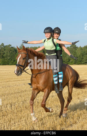 Deux jeunes filles portant un casque protecteur de dos ensemble équitation ensemble freehand retour Cheval poney Sport irlandais champ de chaumes galopante Allemagne Banque D'Images