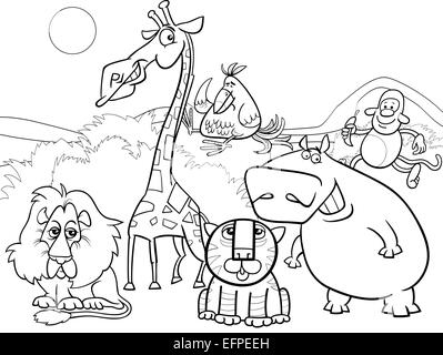 Cartoon noir et blanc Illustration de scène avec des personnages animaux Safari Sauvage Livre à colorier pour Groupe Banque D'Images