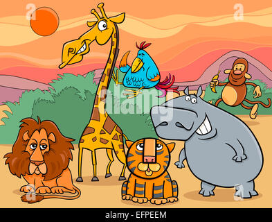 Cartoon Illustration de scène avec Wild Safari Groupe Caractères Animaux Banque D'Images