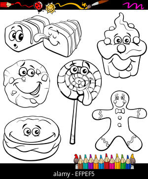 Livre de coloriage ou une page de bande dessinée de vulgarisation du noir et blanc Funny bonbons et biscuits Set Banque D'Images