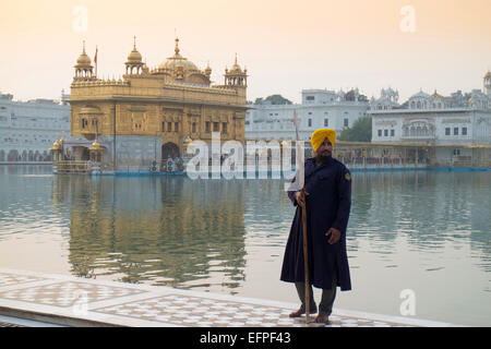 Garde Sikh à l'Harmandir Sahib (le Temple d'Or), Amritsar, Punjab, en Inde, en Asie Banque D'Images