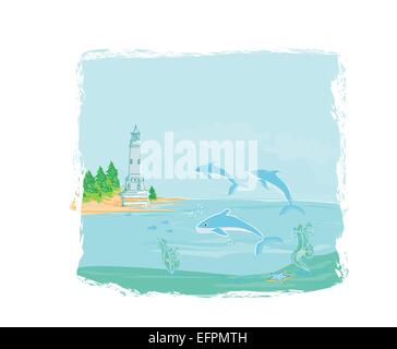 Vu de phare d'une petite plage et les dauphins Illustration de Vecteur