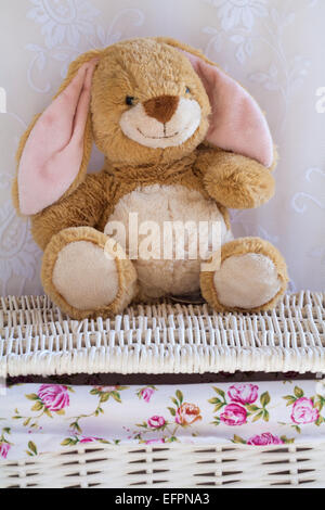 Lapin de Pâques lapin en peluche douce assis sur panier en osier Banque D'Images
