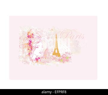 Belle fille portrait avec tour eiffel tower sur l'abstract background Illustration de Vecteur