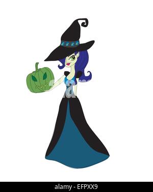 Sorcière d'Halloween avec des citrouilles permanent Illustration de Vecteur