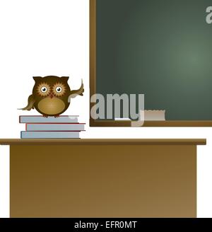 Owl dans la classe assis sur les livres et en pointant sur le tableau noir, vector illustration Illustration de Vecteur