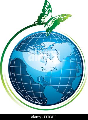 Globe brillant bleu avec papillon vert - eco concept, vector illustration Illustration de Vecteur