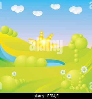 Ciel bleu, herbe verte, arbres, nuages, soleil et fleurs paysage abstrait vector illustration Illustration de Vecteur