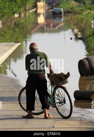 Les gens essaient de sauver leurs biens, d'animaux et animaux domestiques dans la ville inondée de Mizia au nord-est de la capitale bulgare Sofia , Mercredi, août, 06, 2014. De hauts fonctionnaires ont confirmé la mort de deux personnes et les fortes pluies ont laissé des milliers d'habitations et de voitures Banque D'Images