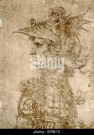 Profil d'un ancien capitaine, aka, le Seigneur de condottiere, vers 1472, après Léonard de Vinci, 1452-1519, en dessin sur papier préparé silverpoint. Banque D'Images